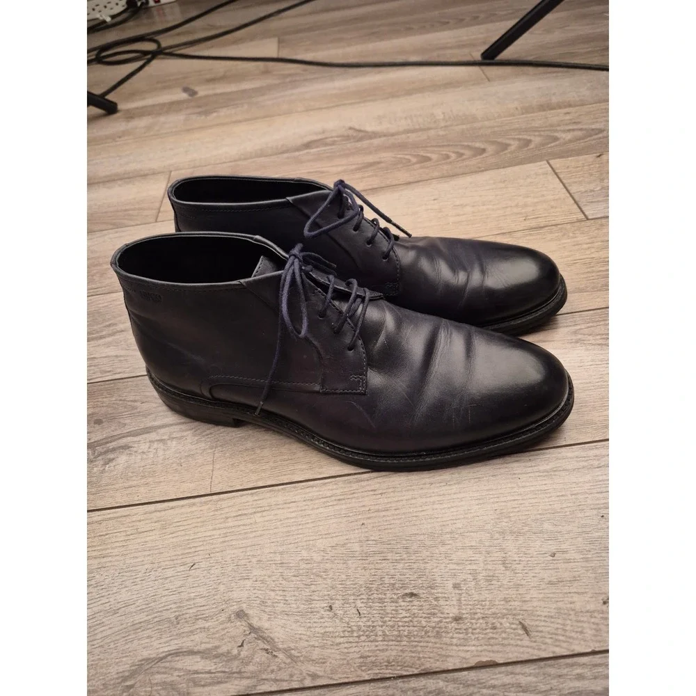 Hugo Boss Mens Dark Navy Blue Leather Chukka Boots Ankle Dress Shoes Sz 8.5